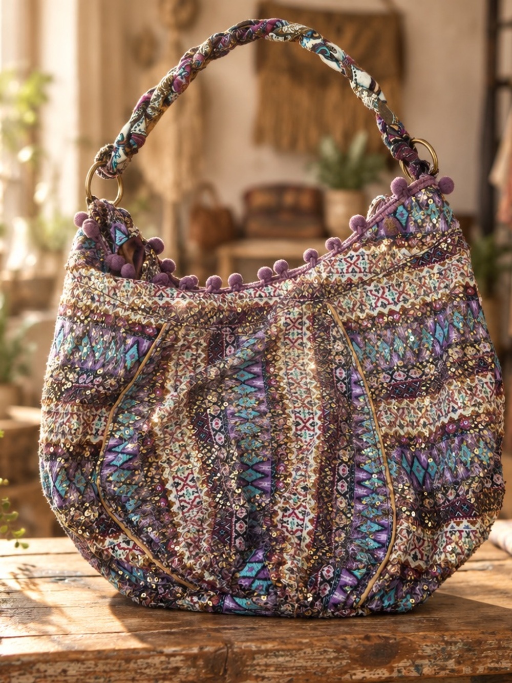 Sparkly Bohemian Quilted Hobo Bag in Purple Multi